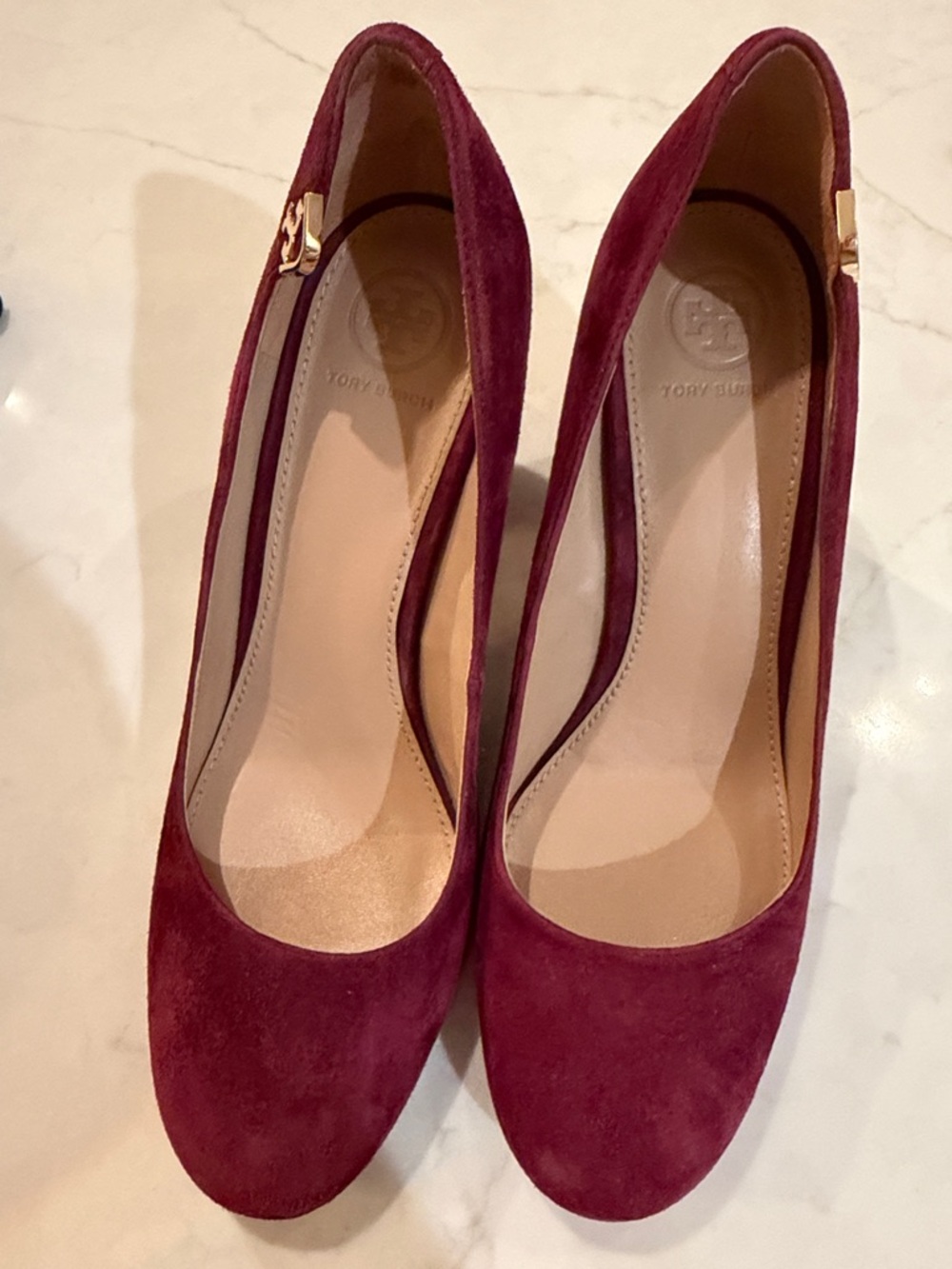 Tory Burch Wine Suede Round-Toe Pumps with Gold Logo Accent